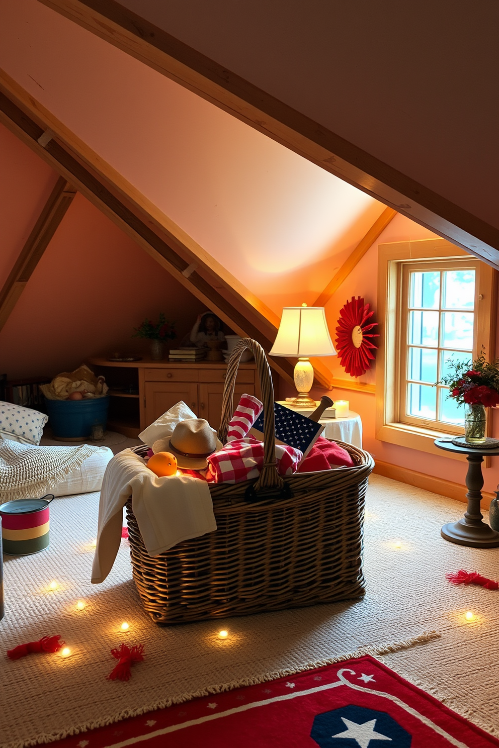 A vintage picnic basket sits in the corner of a cozy attic, surrounded by soft, warm lighting. The basket is filled with colorful blankets and rustic decor, creating a charming and inviting atmosphere for Independence Day celebrations. The attic features exposed wooden beams and a large window that lets in natural light. Red, white, and blue accents are scattered throughout the space, enhancing the festive spirit while maintaining a vintage aesthetic.