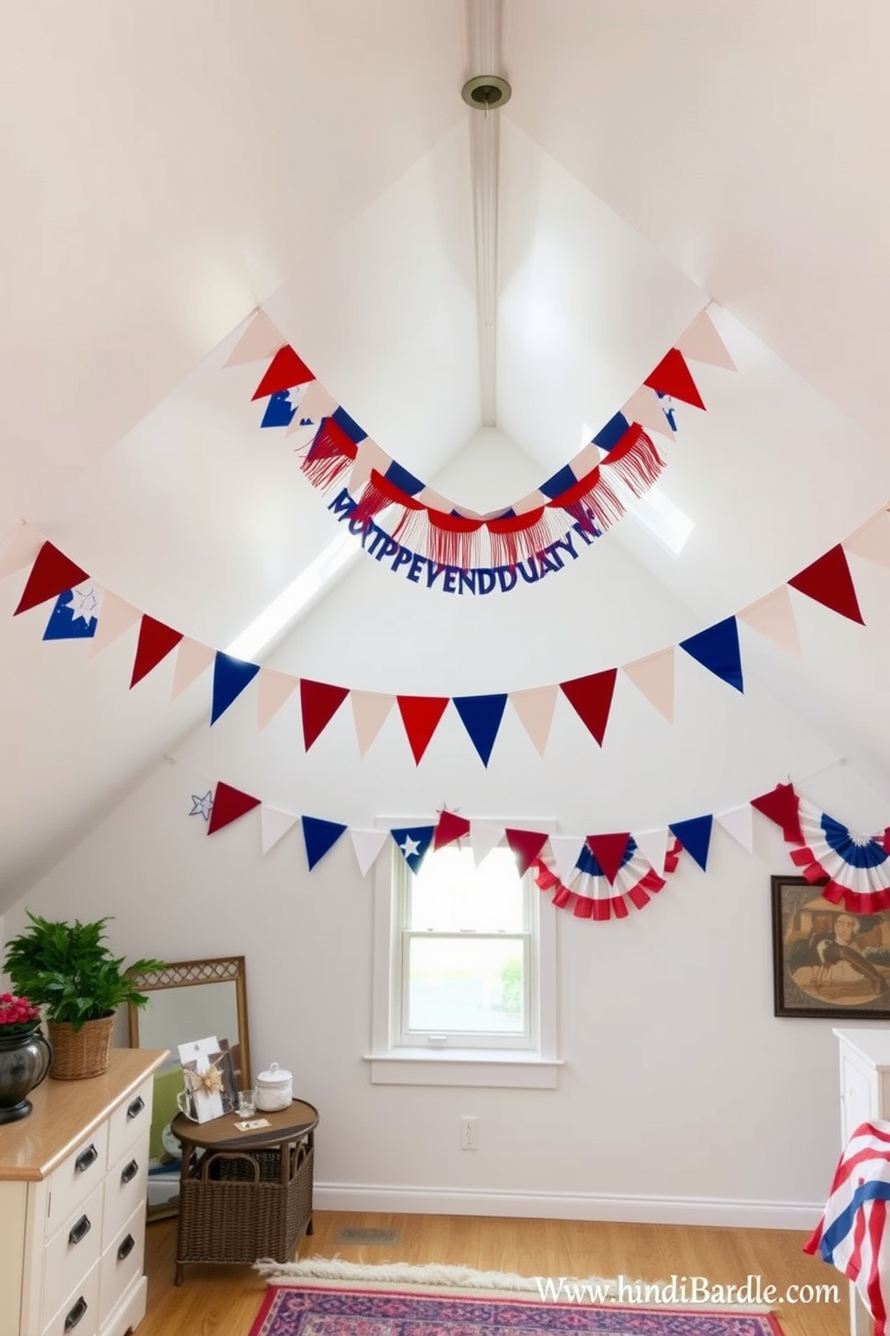 A festive attic space decorated for Independence Day. Colorful bunting in red white and blue hangs along the walls creating a celebratory atmosphere.