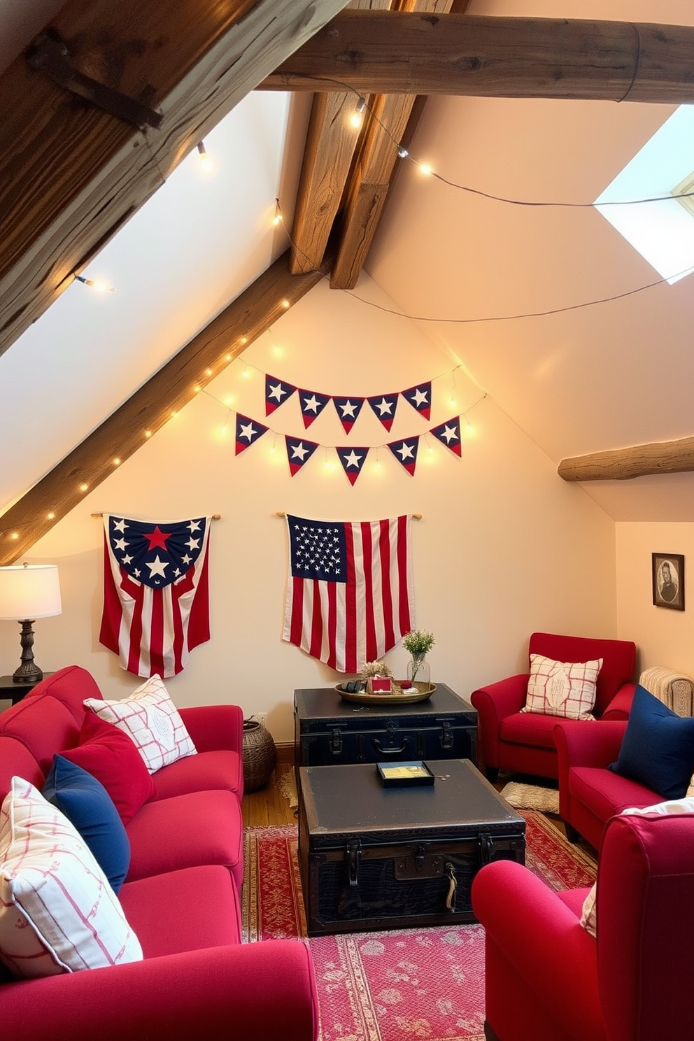 A cozy attic space adorned with star spangled banner wall art celebrating Independence Day. The walls are painted in a soft cream color, and rustic wooden beams add character to the ceiling. A vintage trunk serves as a coffee table in the center of the room, surrounded by plush seating in red and blue hues. String lights are draped across the beams, creating a warm and inviting atmosphere for holiday gatherings.