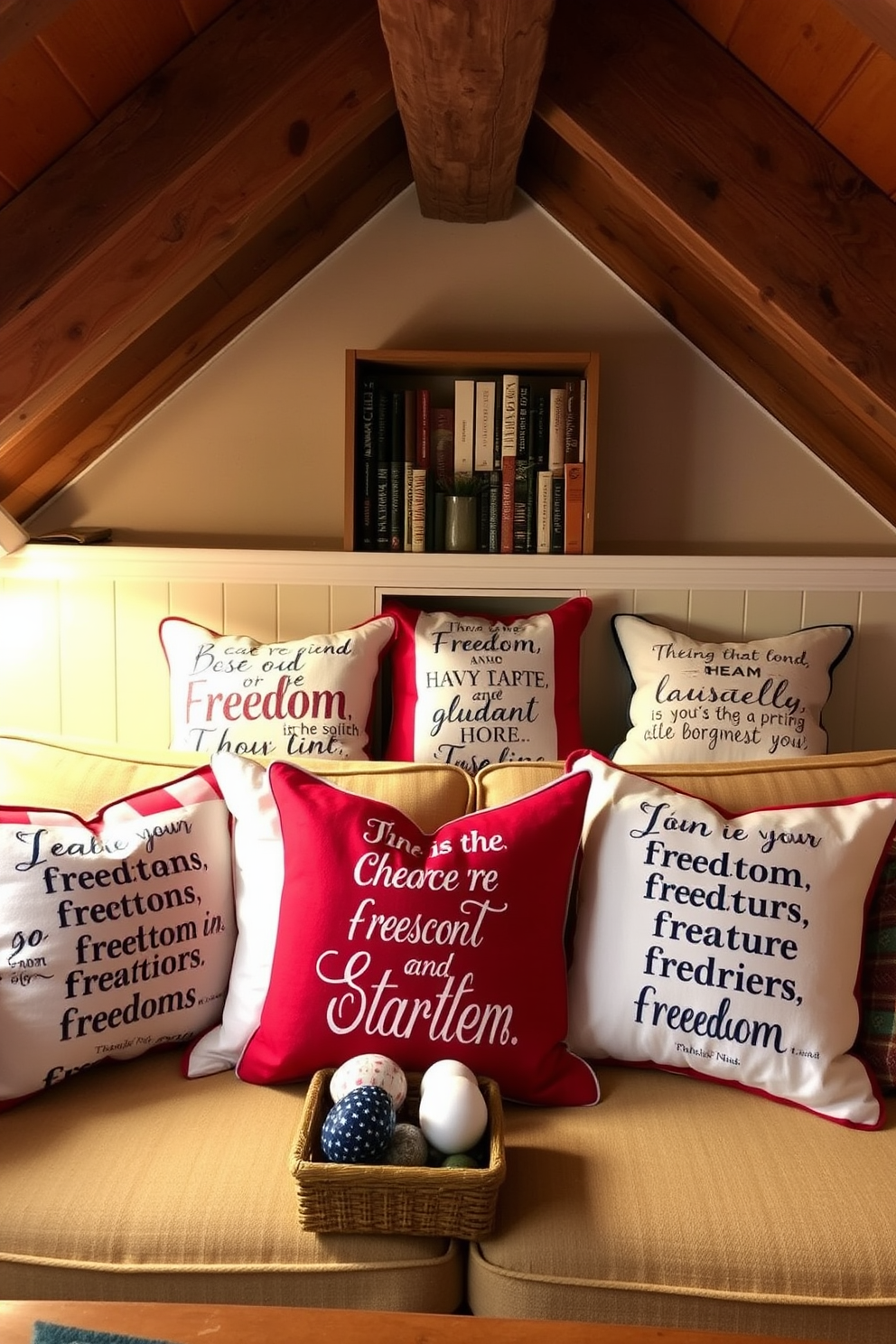Cushions featuring inspiring quotes about freedom are arranged on a cozy attic sofa, enhancing the patriotic atmosphere. The cushions are in red, white, and blue fabrics, creating a vibrant and festive look for Independence Day. The attic is decorated with rustic wooden beams and soft lighting, providing a warm and inviting space. A small bookshelf filled with classic American literature adds a touch of charm and nostalgia to the decor.