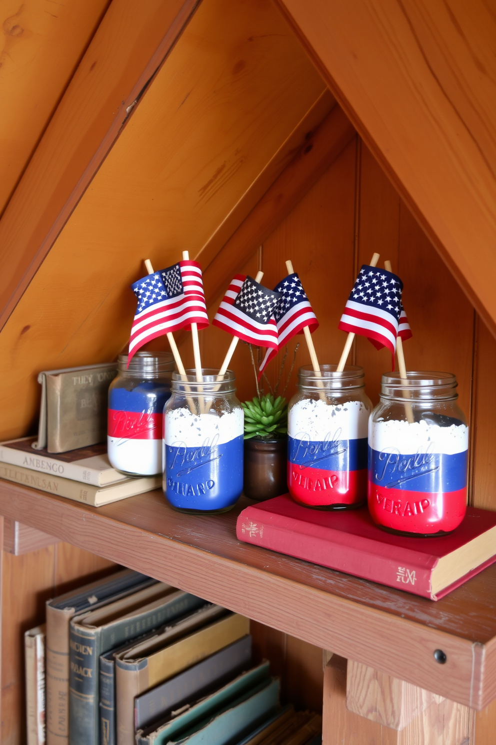 A cozy attic space is adorned with painted mason jars featuring red white and blue flags representing Independence Day. The jars are arranged on a rustic wooden shelf alongside vintage books and a small potted plant, creating a festive and inviting atmosphere.