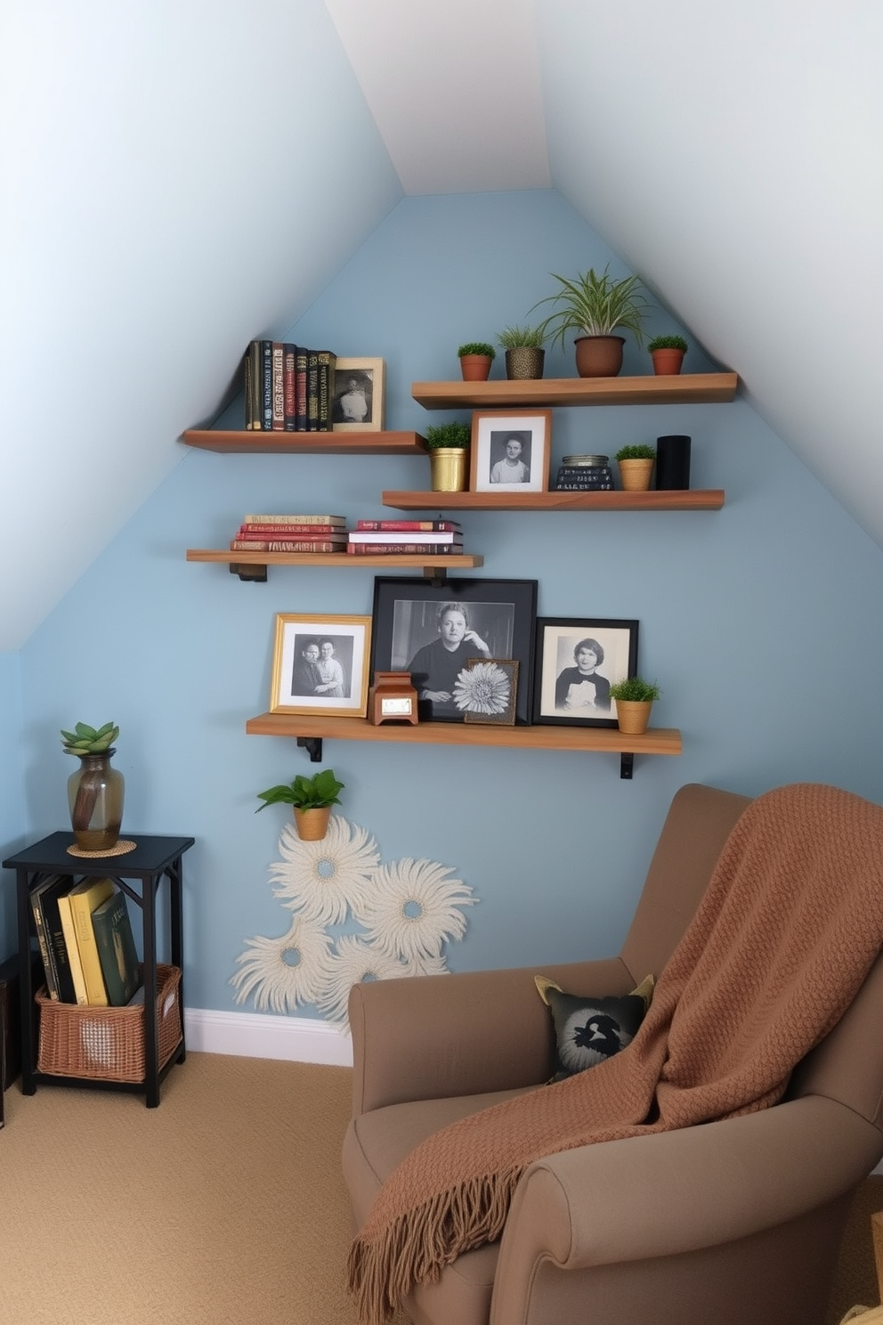 A cozy attic space featuring wall-mounted shelves adorned with various decorative items. The shelves are made of reclaimed wood, and the walls are painted in a soft blue hue to create a serene atmosphere. The decor items include vintage books, small potted plants, and framed photographs that evoke a sense of nostalgia. A comfortable reading nook is situated nearby, complete with a plush armchair and a warm throw blanket for added comfort.