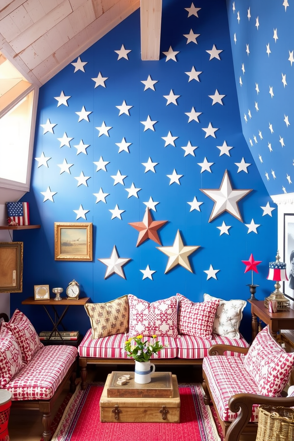 A bright blue accent wall adorned with white stars creates a festive atmosphere for an Independence Day themed attic. Cozy seating is arranged with red and white patterned cushions, and vintage decorations are scattered throughout to enhance the patriotic spirit.