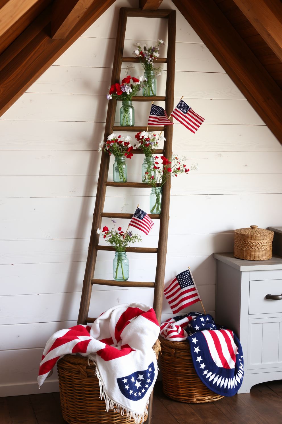 A rustic wooden ladder leans against a whitewashed wall, adorned with red white and blue decor for Independence Day. Vintage mason jars filled with wildflowers and small American flags are artfully arranged on each rung, creating a festive and inviting atmosphere. The attic space features exposed beams and soft lighting, enhancing the cozy charm of the decor. A woven basket filled with patriotic throw blankets sits at the base of the ladder, inviting guests to relax and enjoy the holiday spirit.