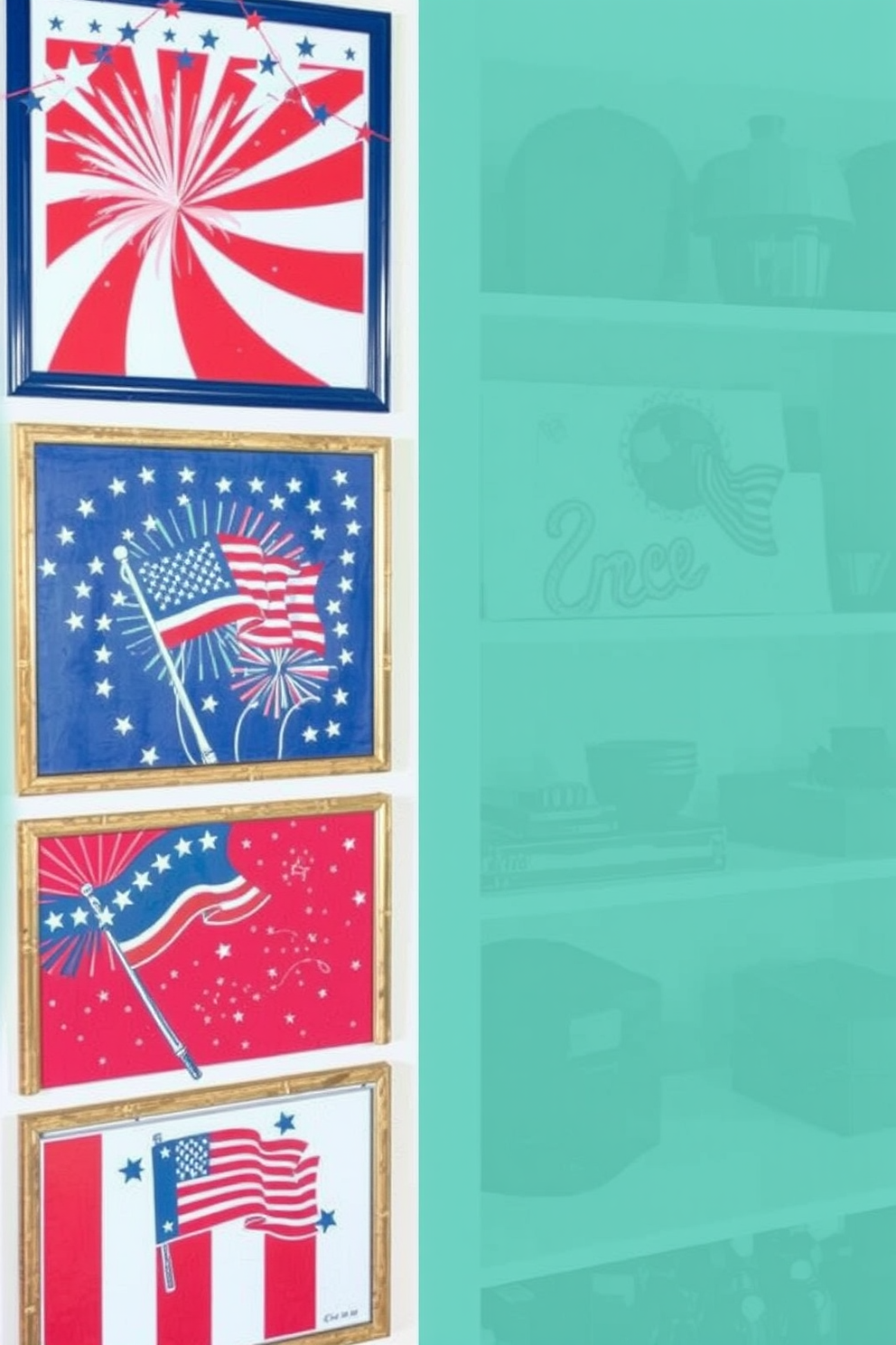 Independence Day themed art prints feature bold red white and blue colors with stars and stripes. The prints showcase iconic symbols of freedom such as the American flag and fireworks in vibrant designs. Independence Day attic decorating ideas include using patriotic bunting and garlands to create a festive atmosphere. Vintage items like old flags and memorabilia can be displayed on shelves to enhance the theme.