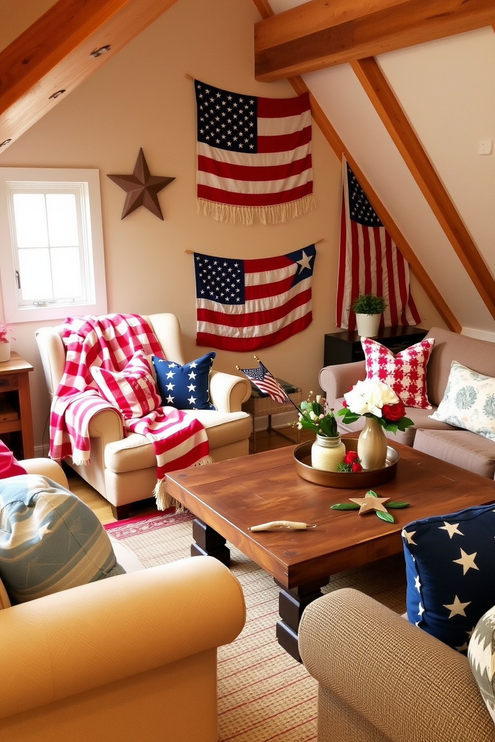 Cozy blankets in patriotic colors are draped over a plush armchair in the attic, adding warmth and a festive touch to the space. The walls are adorned with vintage American flags, and soft lighting creates an inviting atmosphere. Decorating ideas for the attic include a rustic wooden coffee table surrounded by comfortable seating, perfect for relaxing and enjoying the holiday spirit. Bright red, white, and blue accents are incorporated through throw pillows and decorative items, enhancing the celebratory vibe.