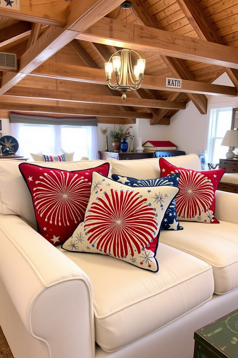 Decorative pillows with firework designs in vibrant red, white, and blue colors are scattered across a plush white sofa. The pillows feature intricate patterns that celebrate Independence Day, adding a festive touch to the living space. The attic is transformed into a cozy retreat with rustic wooden beams and soft lighting. Vintage furniture pieces complement the decor, creating a warm and inviting atmosphere perfect for relaxation.