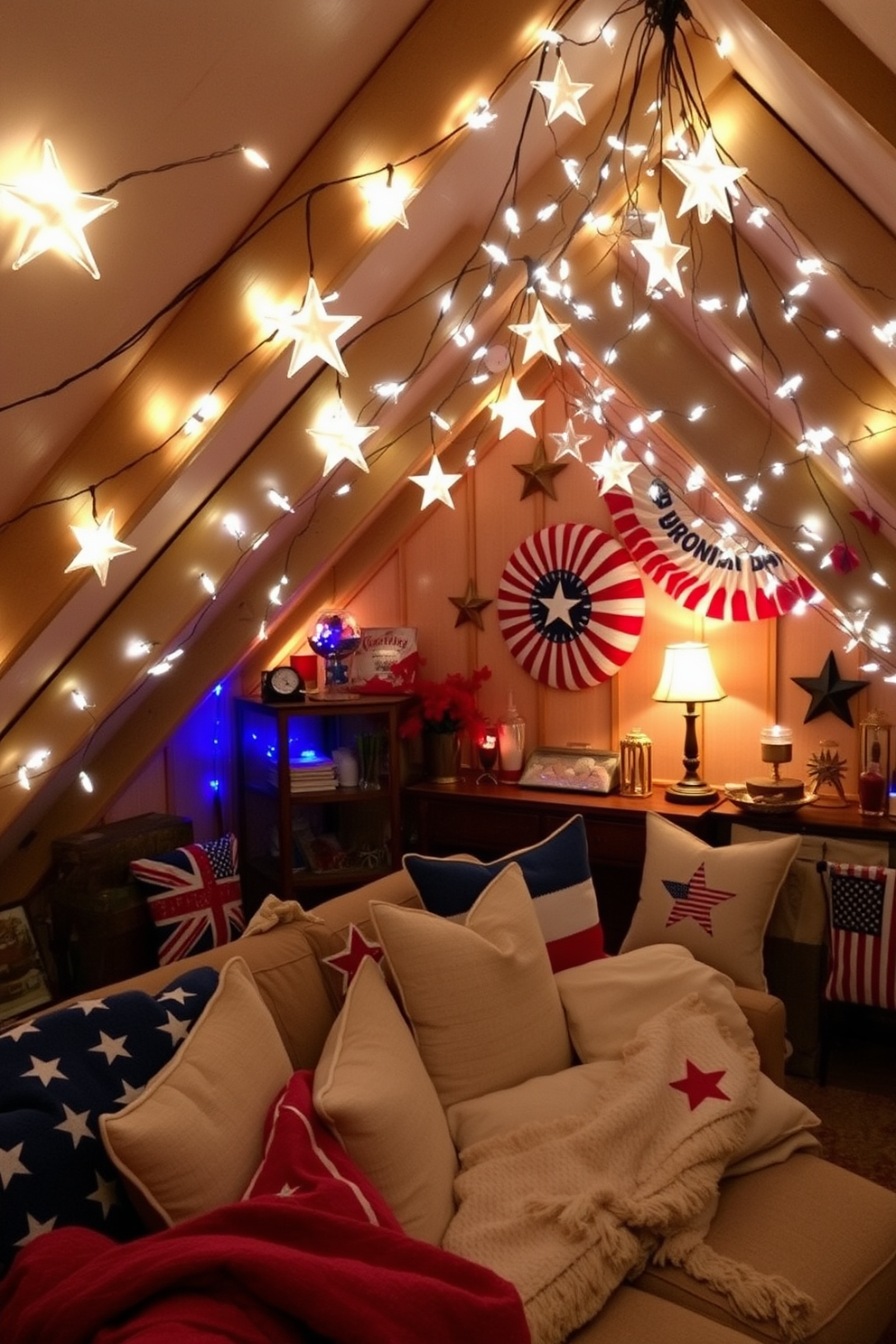 Star shaped fairy lights twinkle softly, casting a warm glow across the attic space. Vintage decorations in red, white, and blue create a festive atmosphere, celebrating Independence Day with charm. Cozy seating is arranged beneath the fairy lights, inviting relaxation and conversation. Patriotic-themed throw pillows and blankets add a touch of comfort and style to the decor.