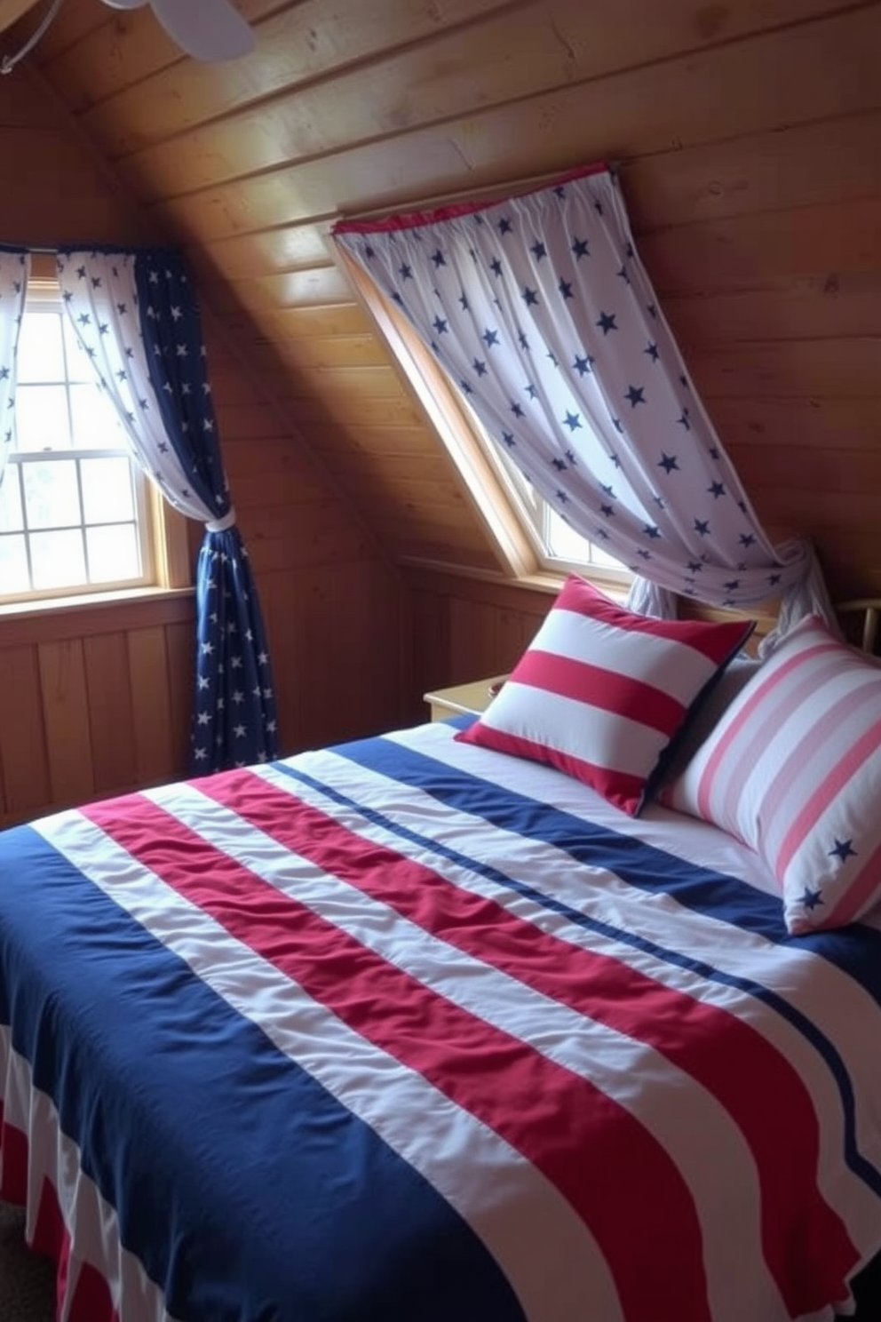 A cozy attic bedroom adorned with a patriotic themed bedspread featuring red white and blue stripes. The curtains complement the bedspread with a subtle star pattern creating a festive and inviting atmosphere for Independence Day celebrations.