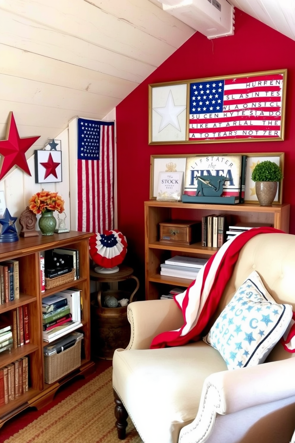 Create a cozy attic space decorated for Independence Day. The walls are adorned with red white and blue themed artwork, featuring stars and stripes alongside vintage American flags. In one corner, a comfortable reading nook is set up with a plush armchair draped in a patriotic throw. A rustic wooden bookshelf displays books and decorative items, enhancing the festive atmosphere.