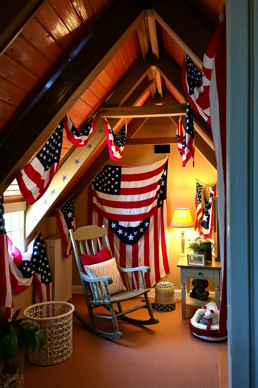 A cozy attic space adorned with vintage American flags creates a festive atmosphere for Independence Day. The flags are creatively draped along the walls, complemented by rustic wooden beams and soft, warm lighting that enhances the nostalgic feel. A comfortable seating area features a vintage rocking chair and a small wooden table, perfect for enjoying the holiday spirit. Accents of red, white, and blue in the decor tie the room together, making it a charming retreat for celebrating the occasion.