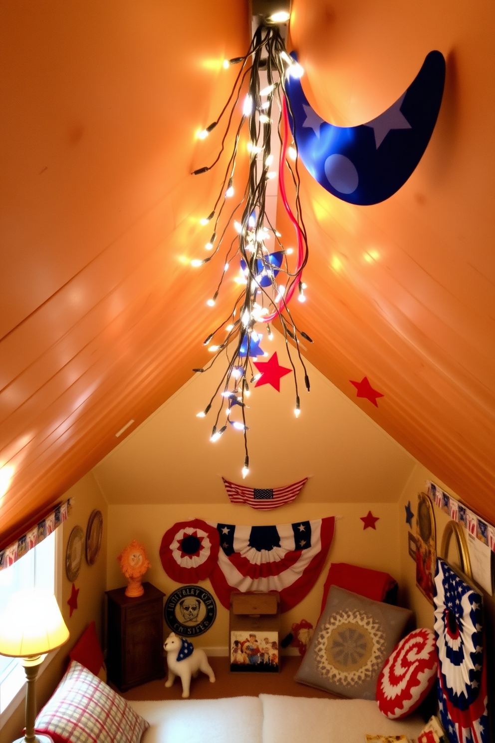 A cozy attic space decorated for Independence Day features festive string lights draped across the ceiling, casting a warm glow. The walls are adorned with red, white, and blue decorations, creating a cheerful and patriotic atmosphere.