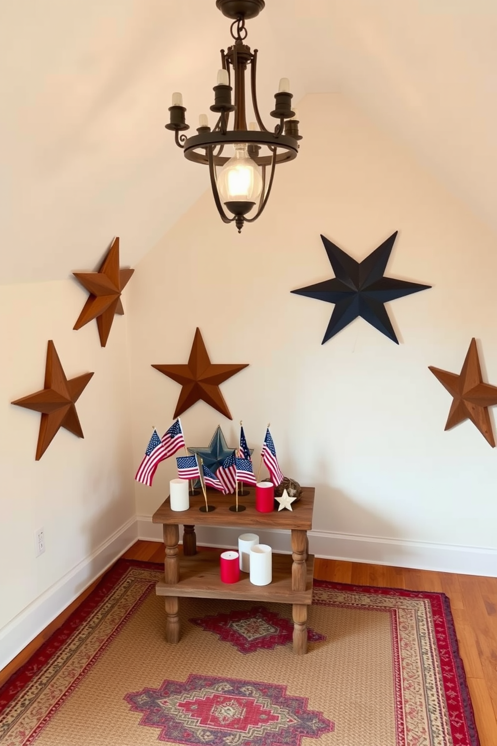 A cozy attic space adorned with rustic wooden stars as accents for Independence Day. The walls are painted a soft cream color, and the floor is covered with a vintage woven rug that adds warmth to the room. In one corner, a small wooden table displays a collection of red, white, and blue decorations, including miniature flags and star-shaped candles. Soft, ambient lighting from a vintage chandelier creates a welcoming atmosphere perfect for celebrating the holiday.
