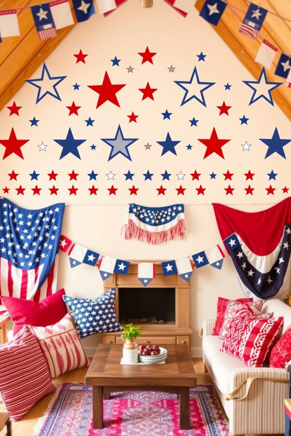 Independence Day themed wall decals featuring stars and stripes in vibrant red white and blue colors. The decals are arranged in a festive pattern across a light-colored wall creating a celebratory atmosphere. Independence Day attic decorating ideas include using vintage patriotic banners and bunting to adorn the rafters. Cozy seating areas can be created with red white and blue cushions and throws inviting family and friends to gather and celebrate.