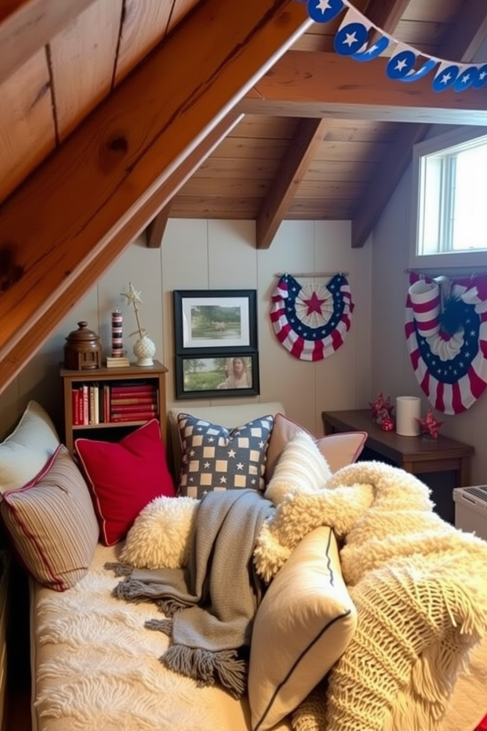 A cozy reading nook filled with plush cushions and a soft throw blanket. A small bookshelf is nestled in the corner, adorned with red accents and patriotic decor. The attic is transformed into a charming retreat with rustic wooden beams and warm lighting. Independence Day decorations, including red, white, and blue accents, create a festive atmosphere throughout the space.