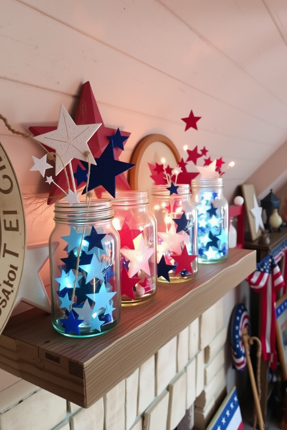 Decorative jars filled with stars create a whimsical and festive atmosphere for your Independence Day celebration. Arrange these jars on a rustic wooden shelf in the attic, surrounded by vintage patriotic decor to enhance the holiday spirit. Incorporate soft lighting to illuminate the jars, casting a warm glow that highlights the stars within. Use red, white, and blue accents throughout the attic to tie the theme together and create a cohesive look.
