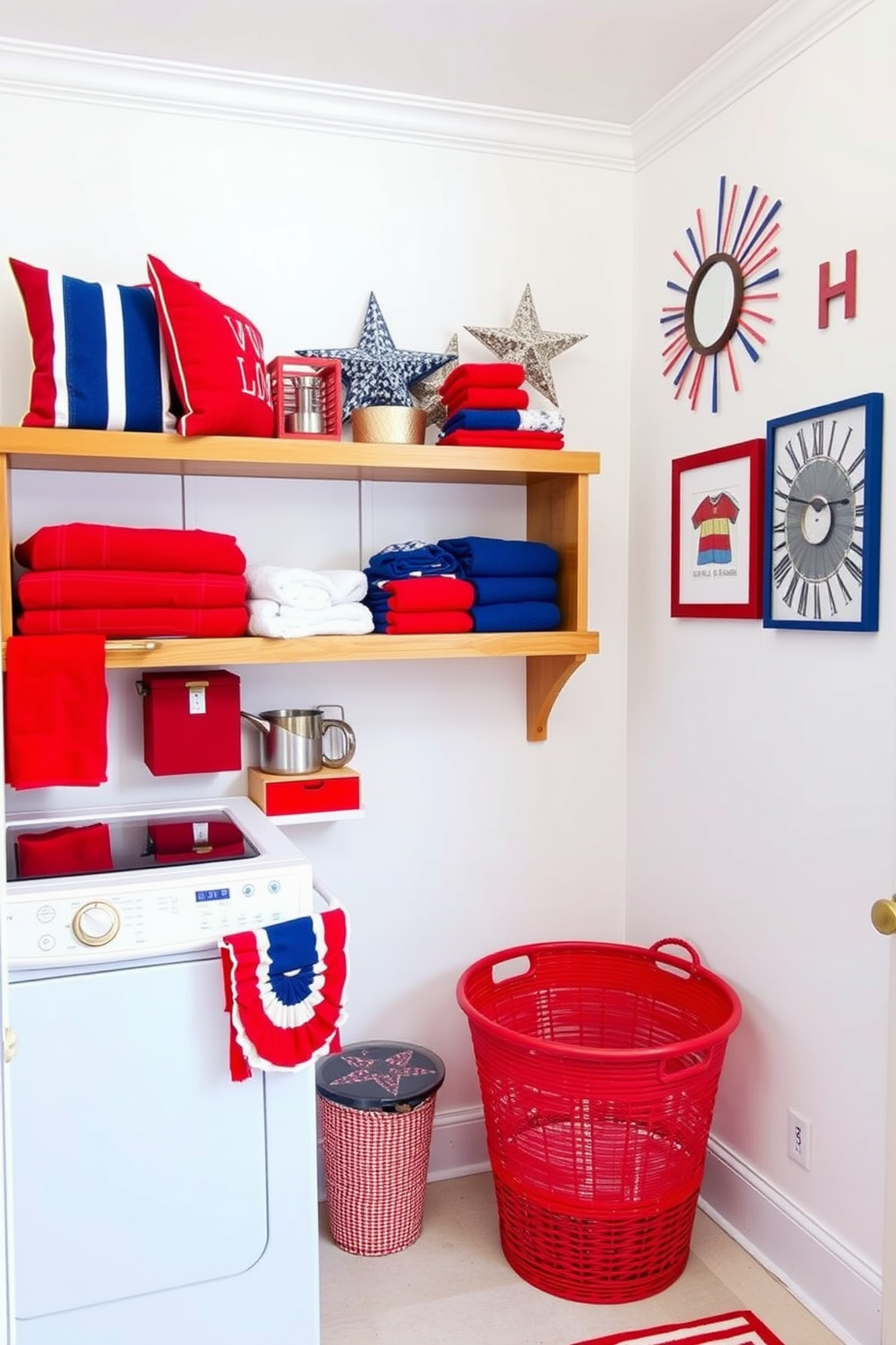 A vibrant laundry room decorated in a red white and blue theme for Independence Day. The walls are painted in a crisp white with red and blue accents through decorative elements like throw pillows and wall art. A large wooden shelf displays neatly folded red and blue towels alongside festive decorations like stars and stripes. A cheerful red laundry basket sits in the corner, adding a pop of color to the space while maintaining a festive atmosphere.