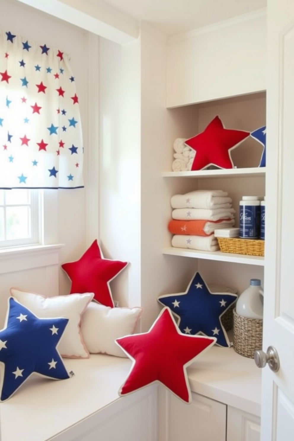 A vibrant laundry room featuring star shaped decorative pillows in red white and blue colors. The walls are painted a crisp white with patriotic accents and a cozy seating area adorned with the pillows invites relaxation. A functional laundry space with open shelving displaying neatly folded towels and laundry supplies. The room is illuminated by natural light streaming through a window adorned with a cheerful curtain that complements the star shaped pillows.