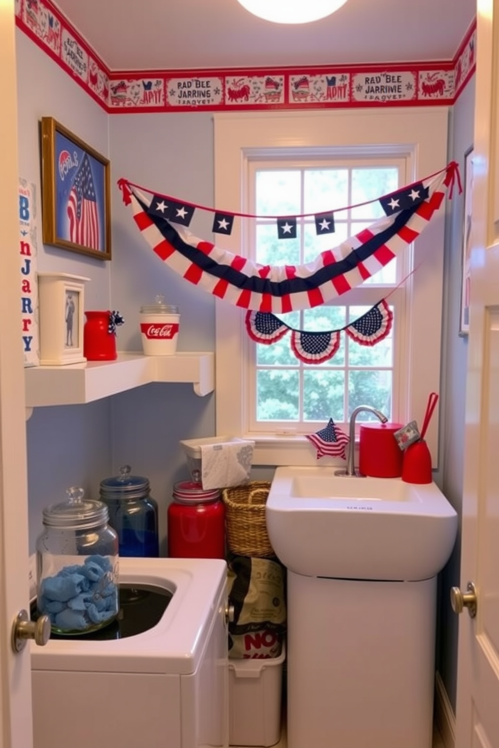 A vibrant laundry room decorated for Independence Day features laundry jars in red, white, and blue. The walls are adorned with patriotic-themed artwork, and a cheerful bunting hangs across the window.