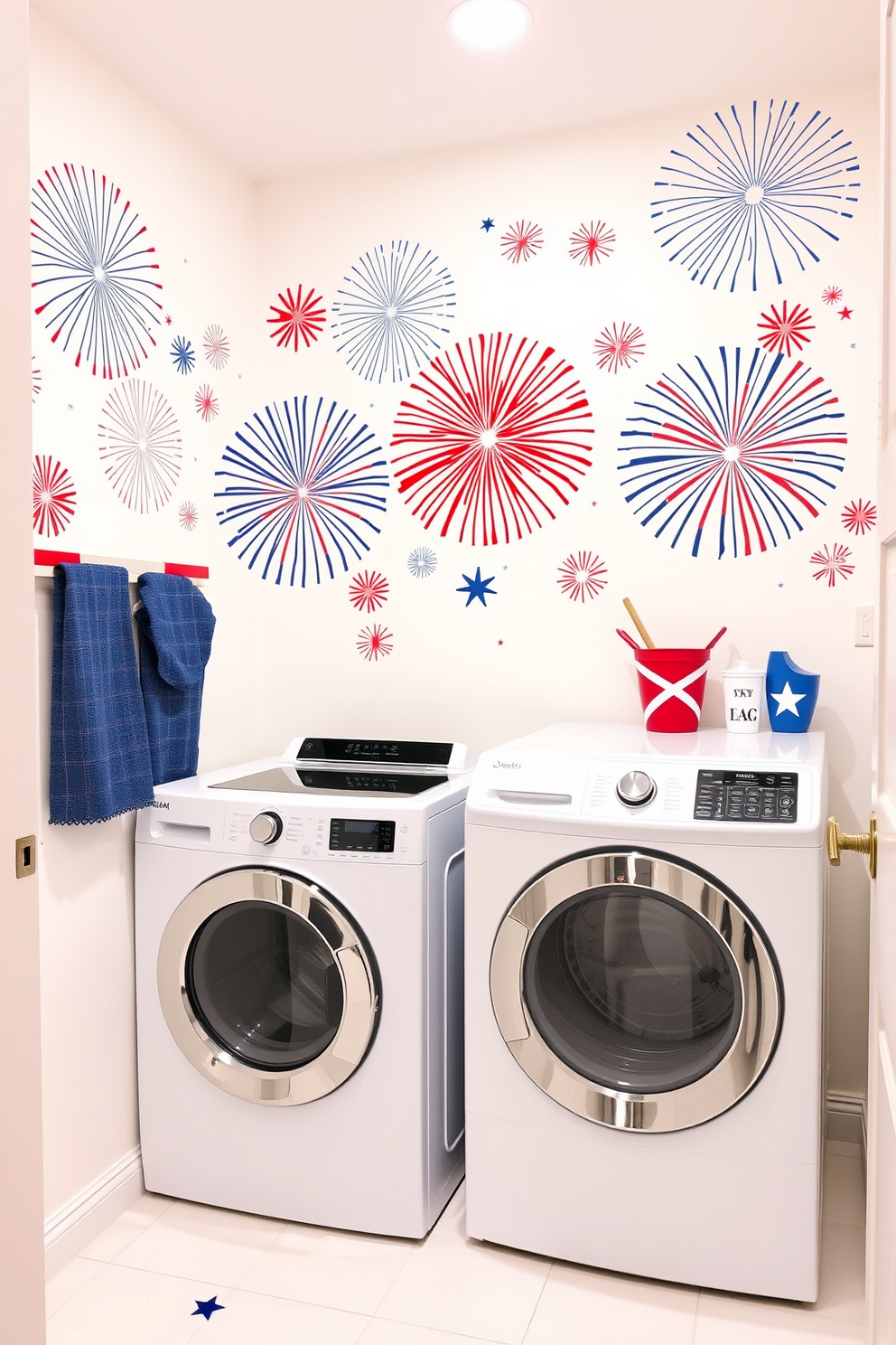 A vibrant laundry room adorned with fireworks themed wall decals celebrating Independence Day. The walls are painted in a crisp white, providing a bright backdrop for the colorful decals that burst with red, white, and blue hues.