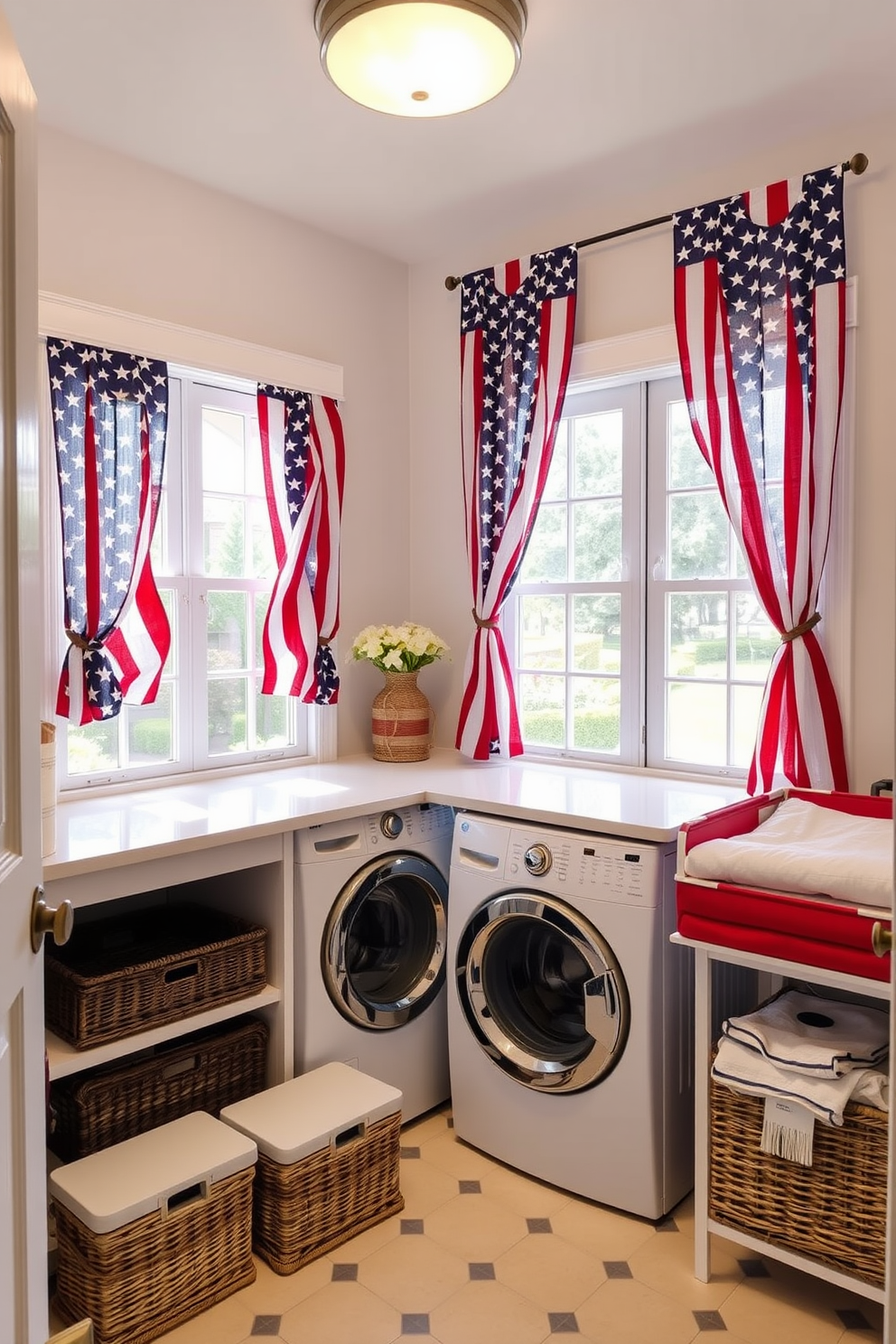 A bright laundry room features flag patterned curtains adorning the windows, celebrating Independence Day with vibrant red, white, and blue colors. The space is organized with stylish storage solutions, including wicker baskets and a folding station, creating a functional yet festive atmosphere.