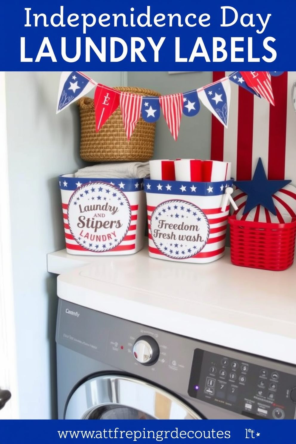 Independence Day themed laundry labels featuring red white and blue colors with stars and stripes designs. The labels should include phrases such as 