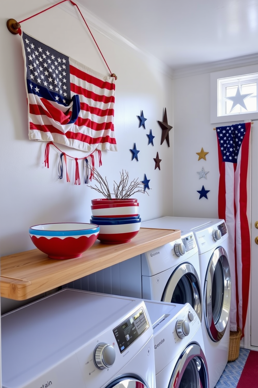 A bright and cheerful laundry room features decorative bowls in red, white, and blue hues placed on a rustic wooden shelf. The room is accented with festive Independence Day decorations, including a flag-themed wall hanging and stars adorning the window.