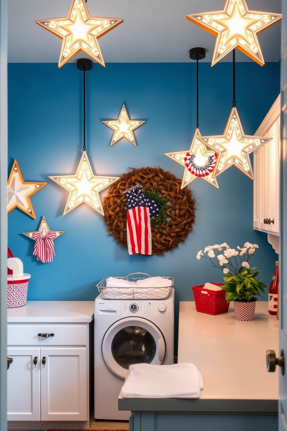 A vibrant laundry room adorned with star shaped lighting fixtures that cast a warm glow. The walls are painted in a cheerful blue, complemented by white cabinetry and a spacious countertop for folding clothes. Decorative elements include red and white accents to celebrate Independence Day. A stylish laundry basket and potted plants add a touch of freshness to the space.