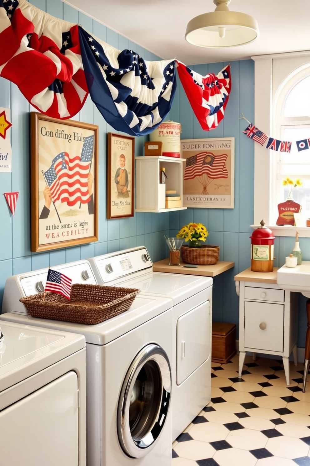 Create a vintage laundry room inspired by classic advertisements featuring flags for Independence Day. Incorporate elements like retro washing machines, colorful bunting, and nostalgic decor to evoke a festive atmosphere.