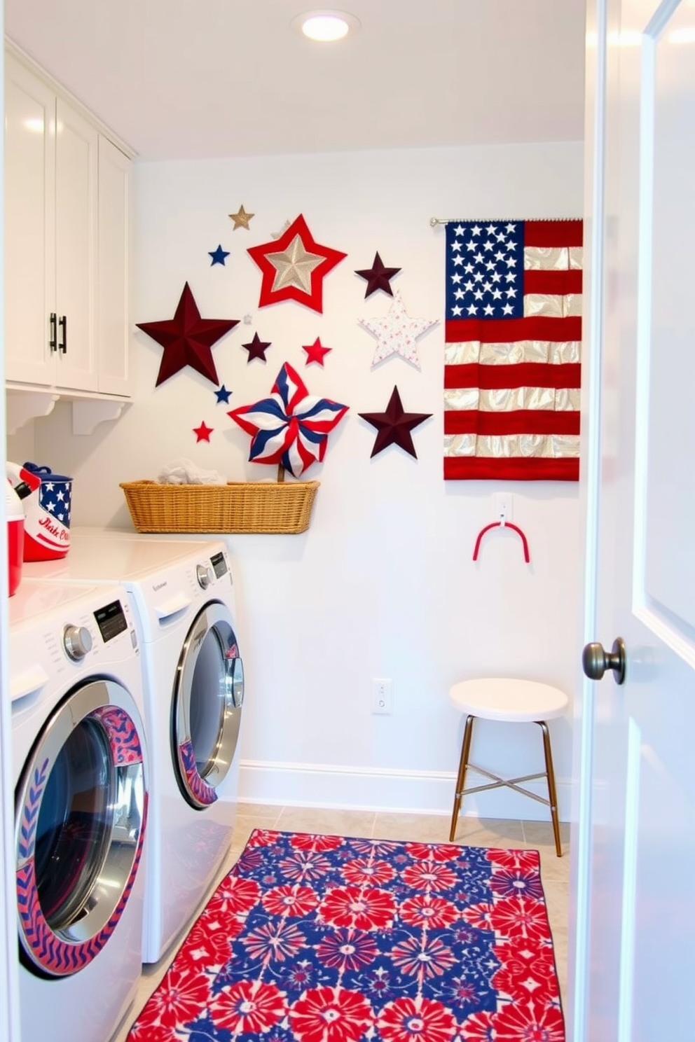 A vibrant laundry room featuring stars and stripes wall art that celebrates Independence Day. The walls are painted in a crisp white, and the floor is adorned with a cheerful blue and red patterned rug.