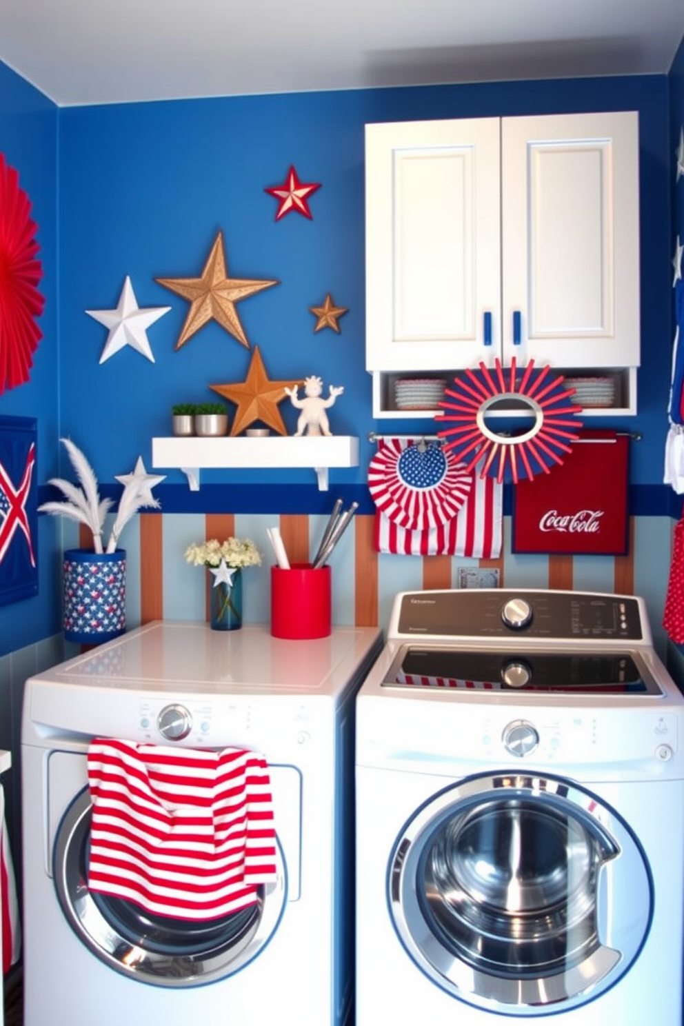 A vibrant laundry room adorned with Fourth of July themed artwork. Red white and blue accents create a festive atmosphere with stars and stripes displayed on the walls.