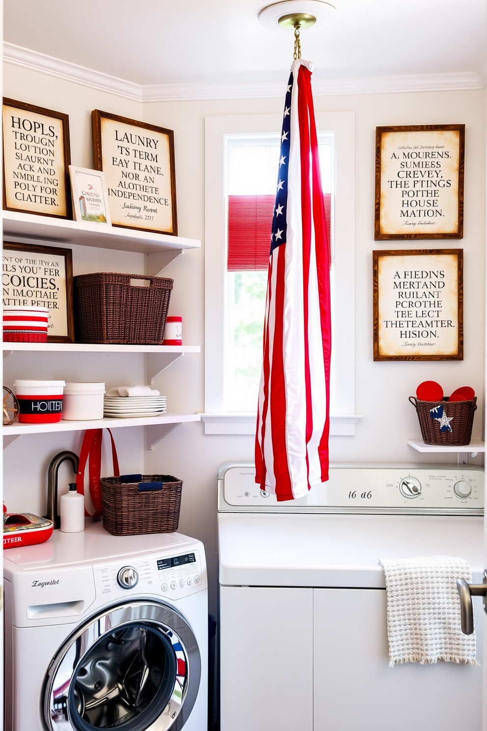 A patriotic themed laundry room features red white and blue accents with decorative wall art showcasing inspiring quotes about independence. The space is bright and airy with open shelving displaying laundry essentials and a vintage flag hanging as a focal point.