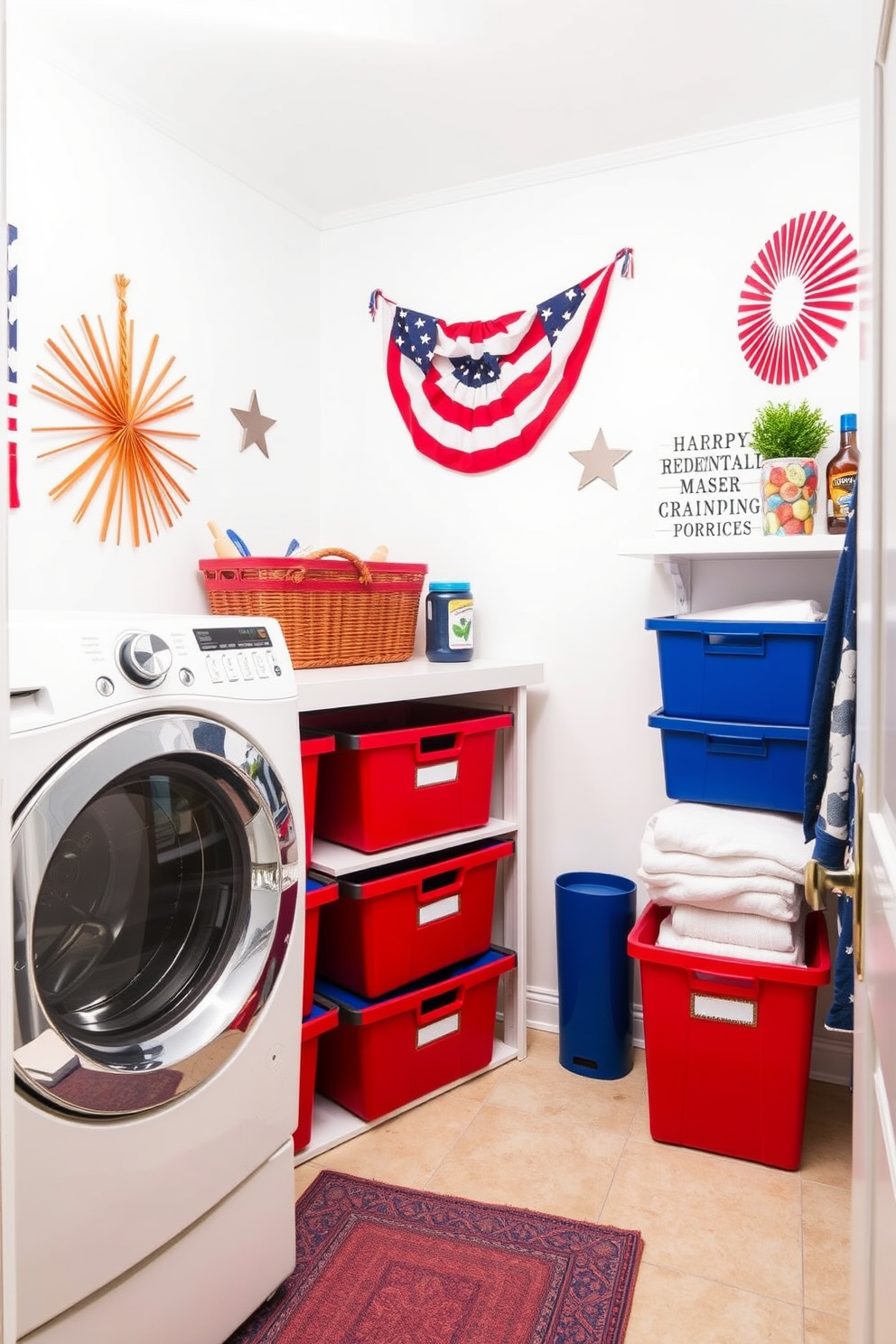A vibrant laundry room featuring red and blue storage bins for organization. The walls are painted in a crisp white, and patriotic decorations celebrate Independence Day, creating a festive atmosphere.