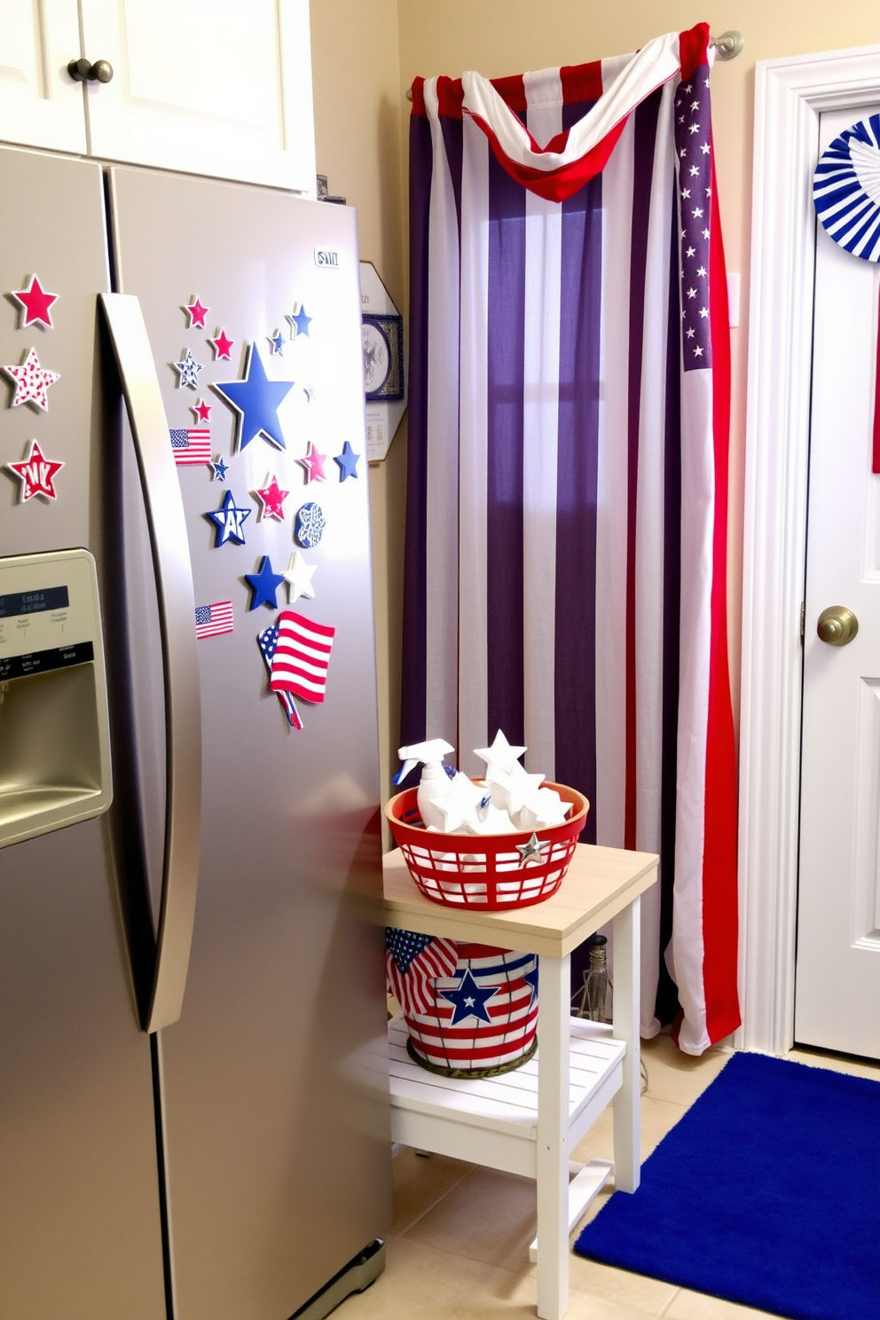 Independence Day themed magnets are displayed on the refrigerator and washing machine, featuring vibrant red, white, and blue colors. The magnets include various patriotic symbols such as stars, stripes, and the American flag, creating a festive atmosphere in the laundry room. The laundry room is adorned with decorative elements that celebrate Independence Day, including a red and white striped curtain and a blue rug. A small table is set up with themed accessories like a star-spangled basket for laundry supplies and a patriotic wall art piece.
