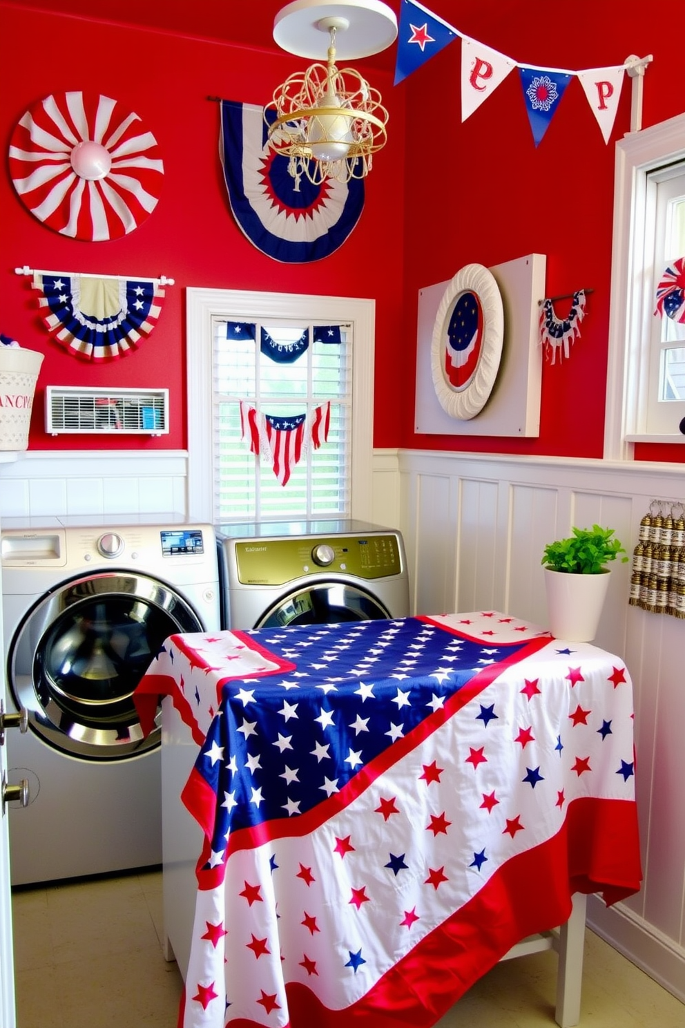 A vibrant laundry room decorated for Independence Day features a star patterned tablecloth draped over the folding area. The walls are painted in a bright red hue, and patriotic decorations like flags and bunting adorn the space.