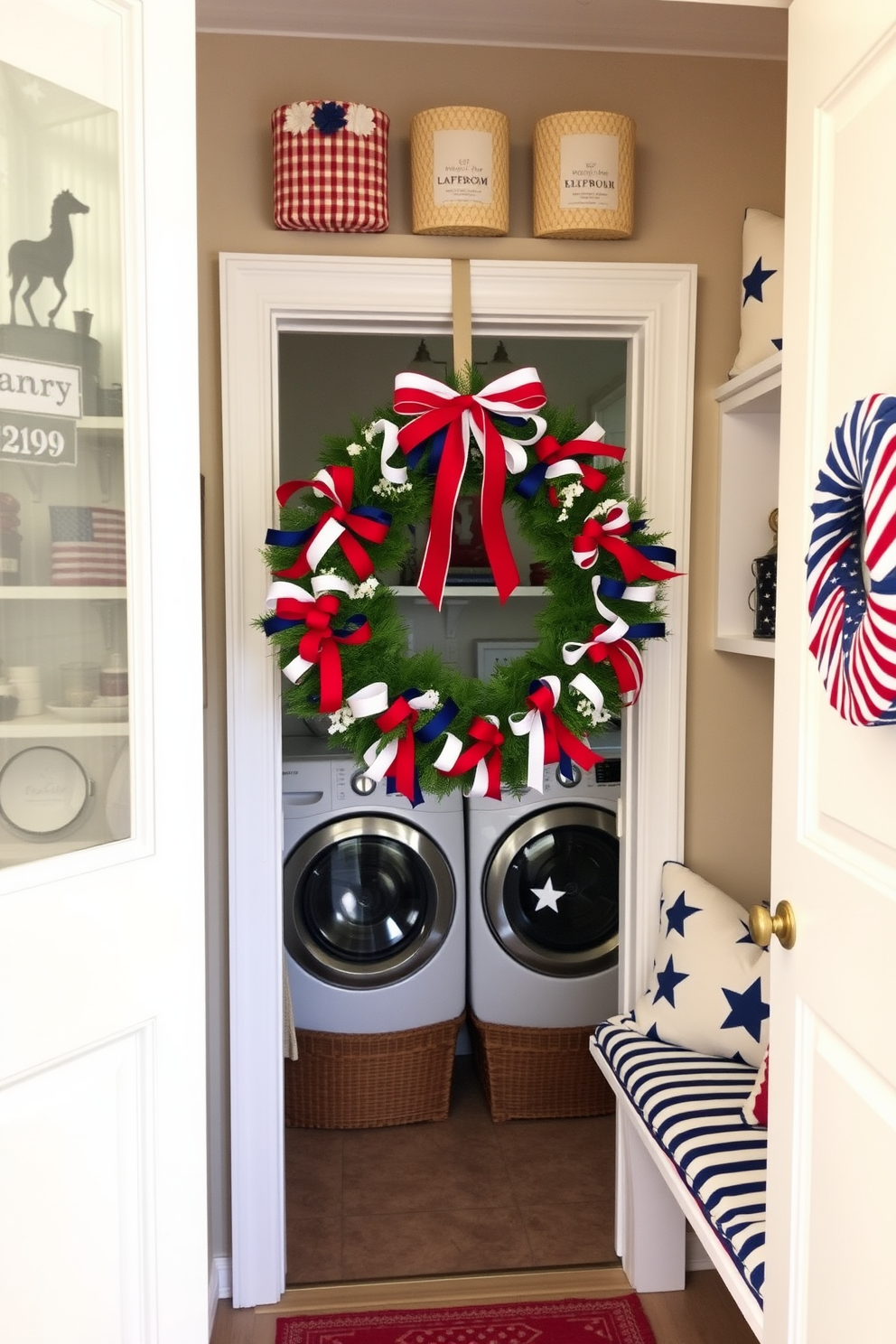 A festive wreath adorned with red white and blue ribbons is hung on the laundry room door creating a cheerful entrance. The laundry room features patriotic decorations including stars and stripes accents on the shelves and a cozy seating area with cushions in themed colors.