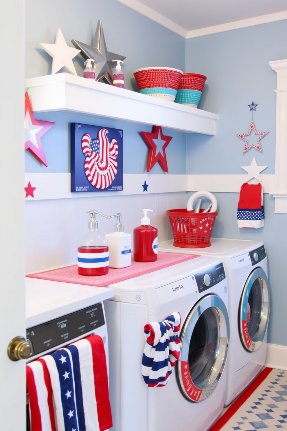 Create a vibrant laundry room decorated with patriotic themed soap dispensers in red white and blue. The space features a cheerful color palette with accents of stars and stripes, enhancing the festive atmosphere for Independence Day.