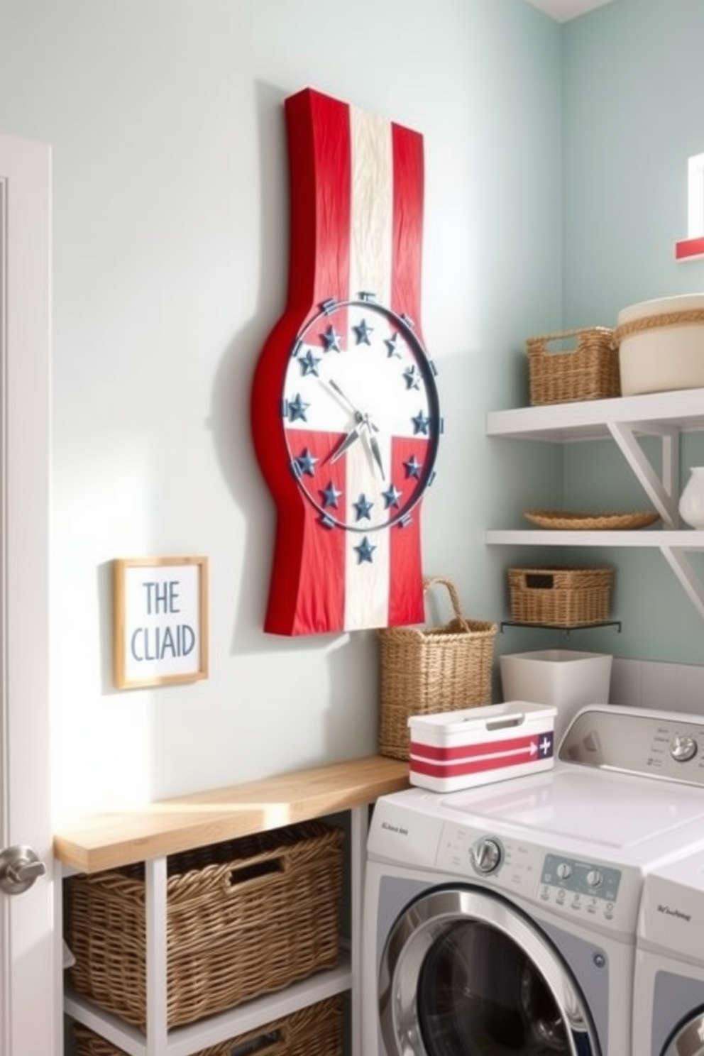 A flag inspired wall clock hangs prominently on the wall of a bright and airy laundry room. The clock features vibrant colors and stars, adding a festive touch to the space while keeping track of time for laundry tasks. The laundry room is adorned with creative storage solutions, including open shelving and wicker baskets. A cheerful color palette of red, white, and blue complements the clock, creating a cohesive and patriotic atmosphere.