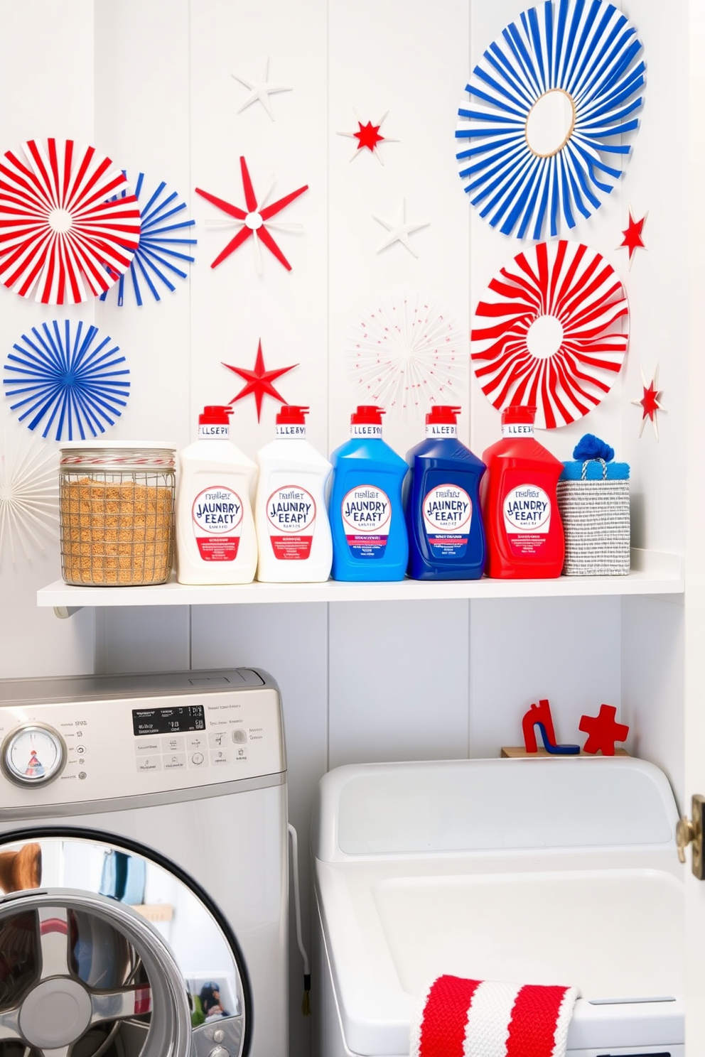 A vibrant laundry room featuring red white and blue laundry soap containers arranged neatly on a shelf. The walls are adorned with festive Independence Day decorations including stars and stripes motifs, creating a cheerful atmosphere.
