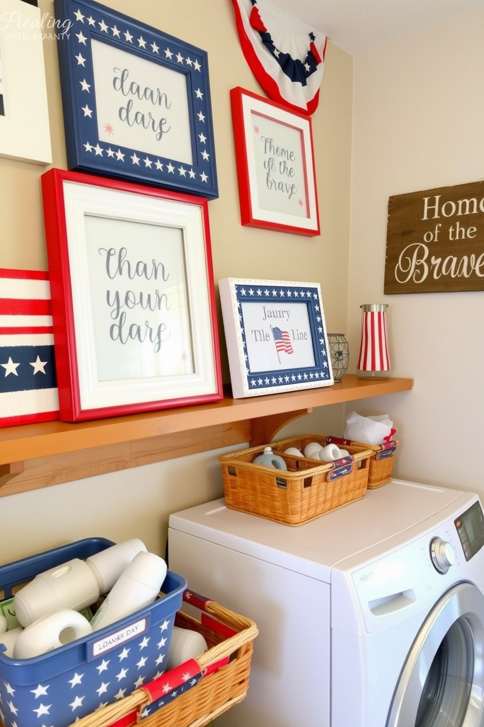 Independence Day themed picture frames are displayed on a rustic wooden shelf. The frames are adorned with red white and blue colors featuring stars and stripes designs. The laundry room is decorated with festive accents that celebrate Independence Day. Baskets in patriotic colors store laundry supplies while a wall-mounted sign reads Home of the Brave.