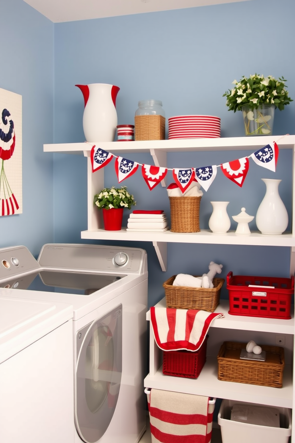 A vibrant laundry room decorated for Independence Day features patriotic bunting draped elegantly across the shelves. The walls are painted in a soft blue hue, complemented by red and white accents in the decor.