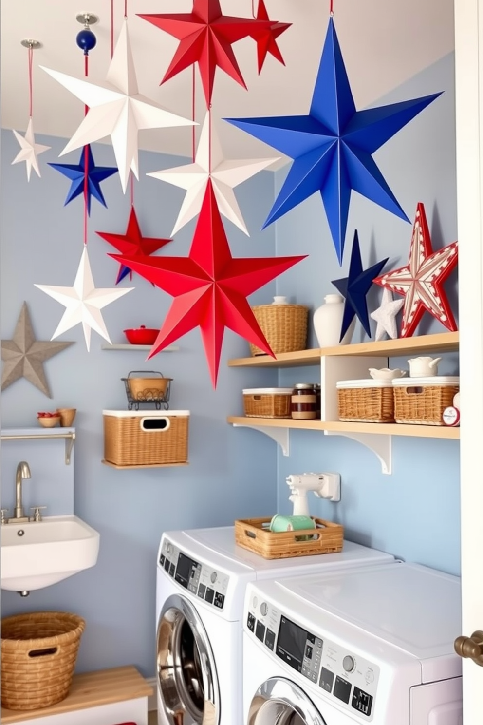 Create a vibrant laundry room inspired by Independence Day. Incorporate decorative stars hanging from the ceiling in red white and blue colors to celebrate the festive theme. The walls should be painted in a light blue shade to create a fresh atmosphere. Include practical storage solutions like wooden shelves and baskets to keep the space organized and functional.