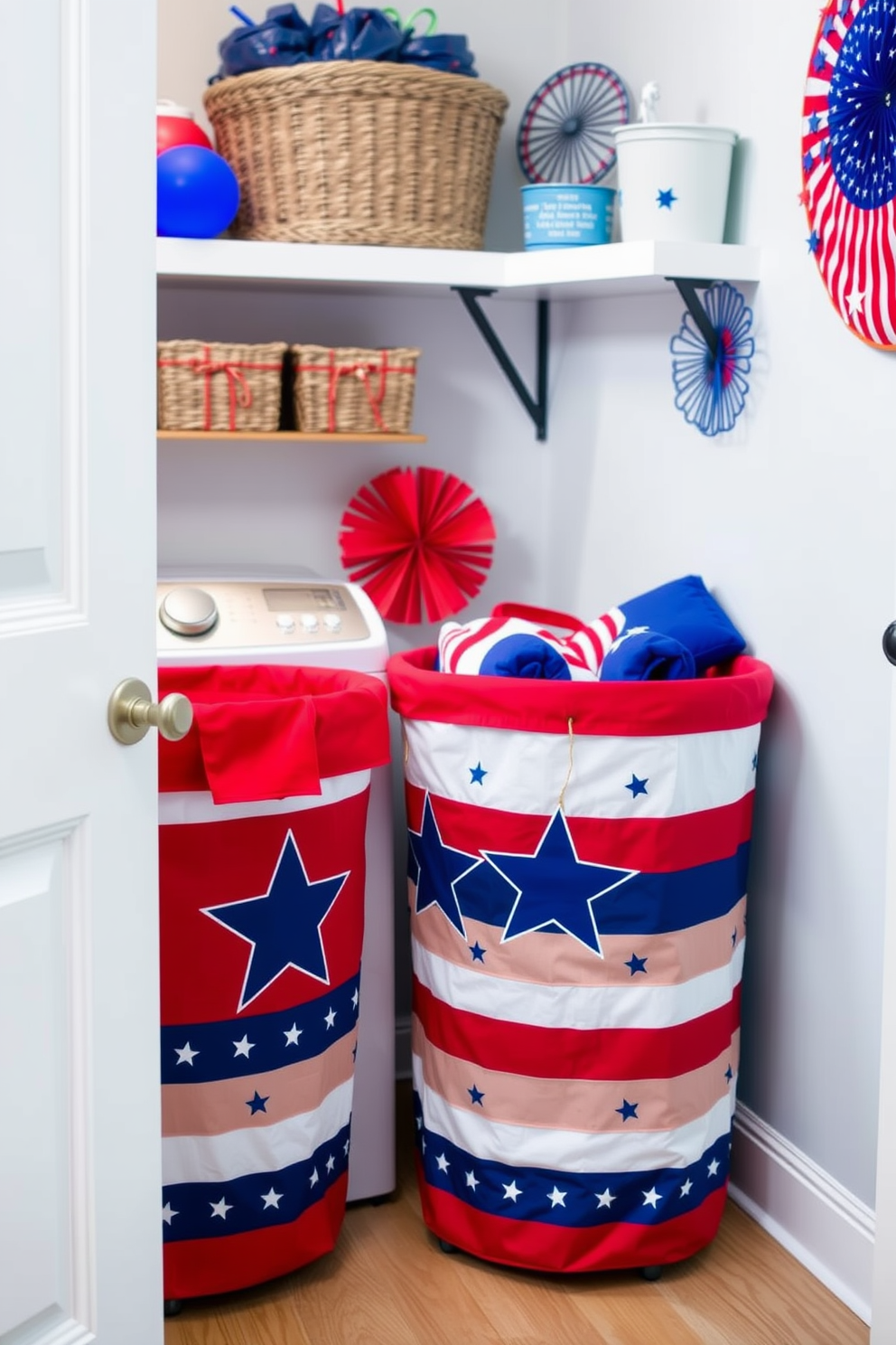 A vibrant laundry room celebrating Independence Day. Two red, white, and blue themed laundry baskets are prominently placed, adorned with stars and stripes designs.