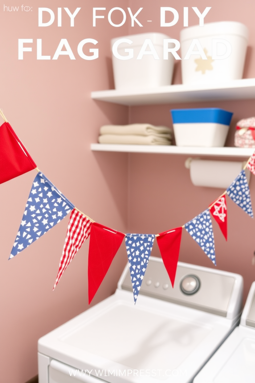 Create a vibrant DIY flag garland for wall decoration that captures the spirit of Independence Day. Use a mix of red white and blue fabrics to create triangular flags strung together with twine for a festive look. Design a functional and stylish laundry room that maximizes space and efficiency. Incorporate open shelving for easy access to supplies and a cheerful color palette to make laundry day more enjoyable.