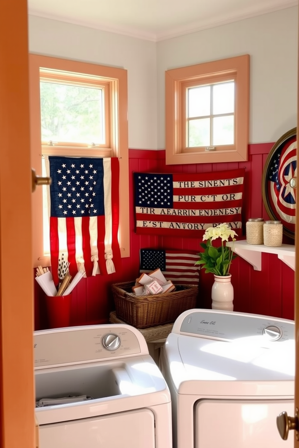 A cozy laundry room decorated for Independence Day features vintage American flags as wall hangings. The space is brightened by natural light streaming through a window, highlighting the cheerful red, white, and blue color scheme.