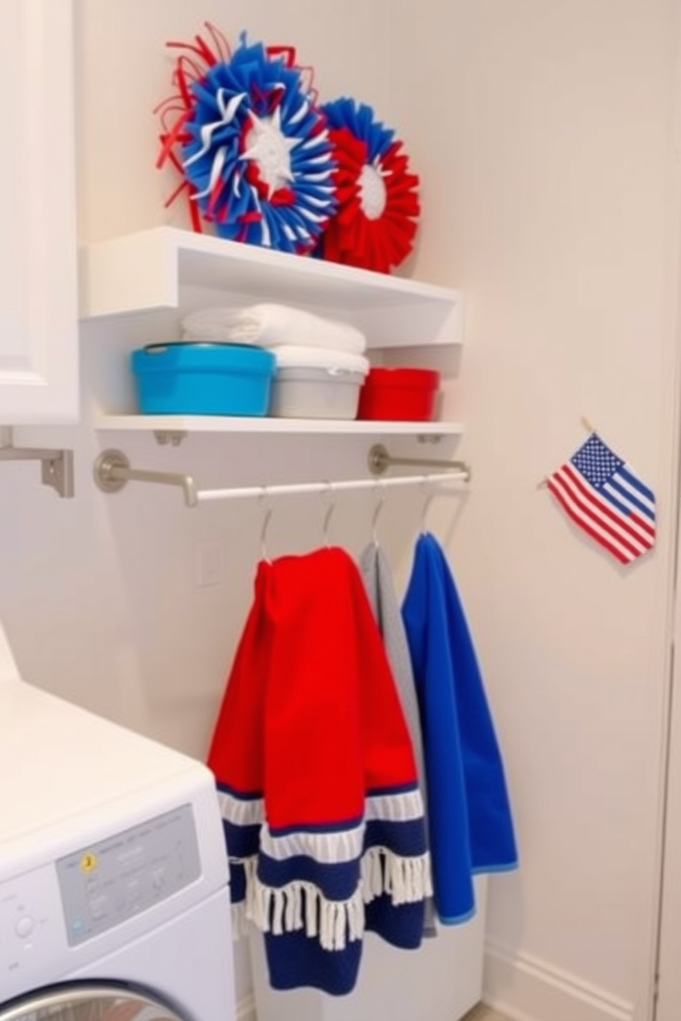 A vibrant laundry room decorated for Independence Day features red and blue decorative towels neatly hung on a stylish rack. The walls are painted in a soft white, providing a fresh backdrop for the patriotic color scheme while adding a cheerful ambiance to the space.