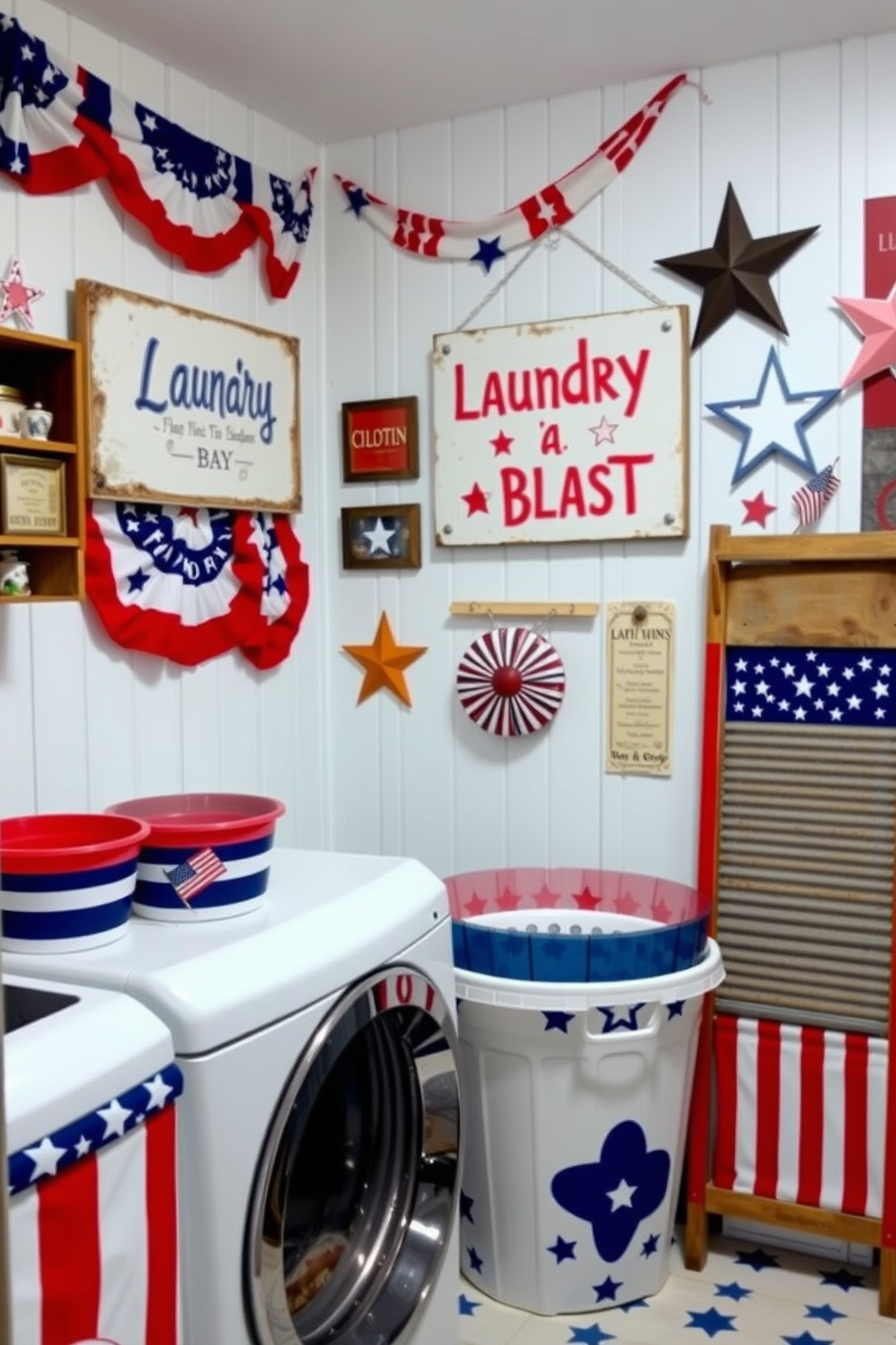 A festive laundry room adorned with Independence Day themed signs. The walls are decorated with red white and blue banners and stars while a cheerful sign reading 