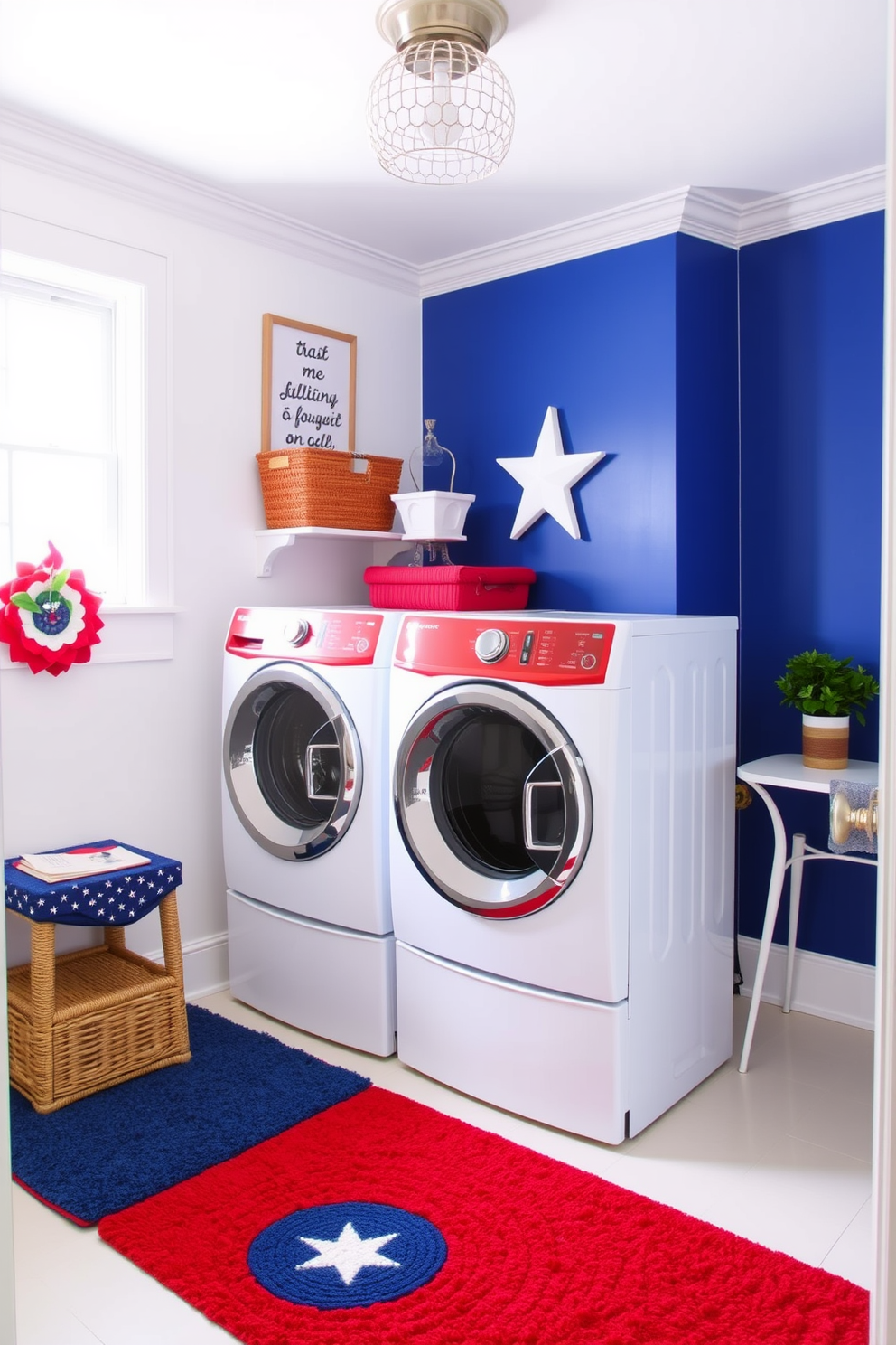 A festive laundry room decorated with red white and blue rugs. The space features a cheerful color palette that celebrates Independence Day with fun and functional design elements.