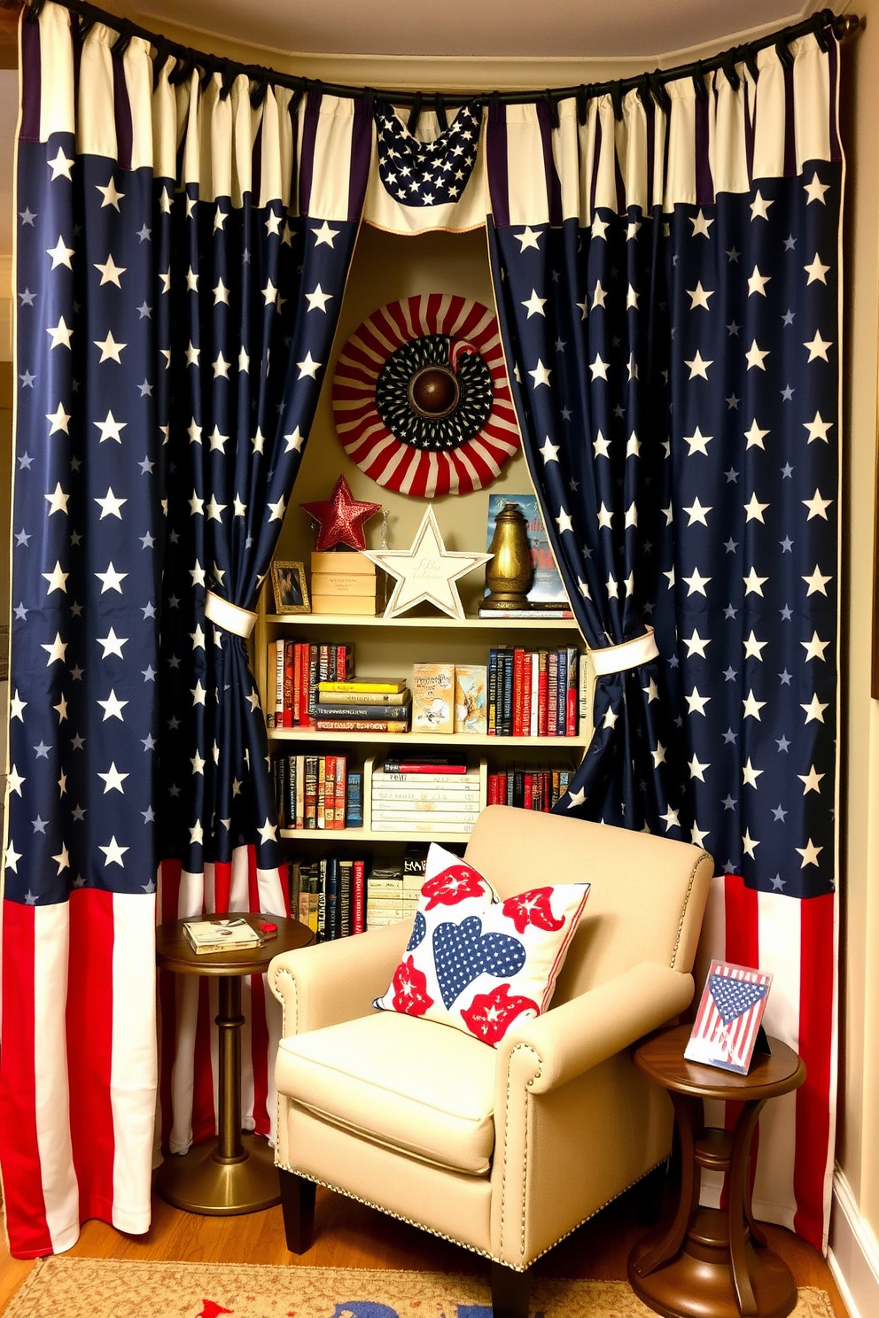 A cozy reading nook adorned with flag patterned curtains that provide privacy while celebrating Independence Day. The nook features a comfortable armchair, a small side table, and a bookshelf filled with patriotic-themed books and decor.