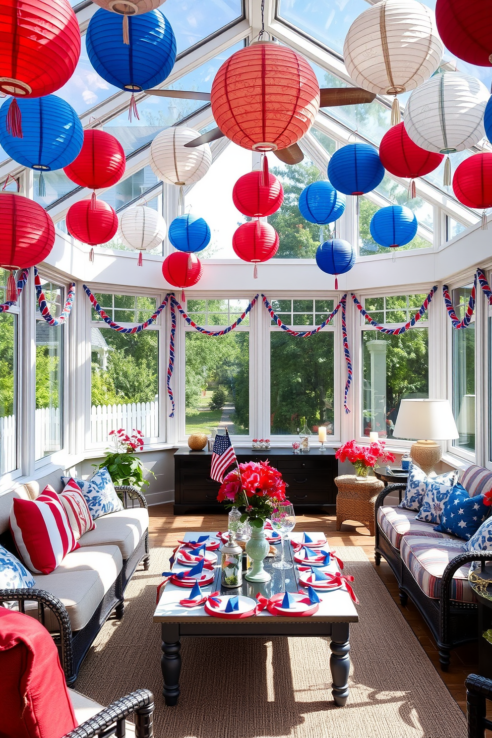 A vibrant sunroom filled with colorful paper lanterns hanging from the ceiling creates a festive atmosphere for Independence Day celebrations. The space features large windows that invite natural light, with comfortable seating arranged around a central coffee table adorned with red, white, and blue decorations.